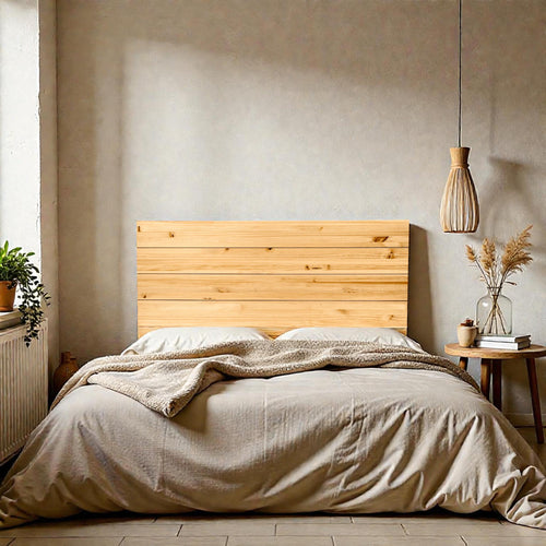Cabecero de madera maciza Hiyori Oak en dormitorio.