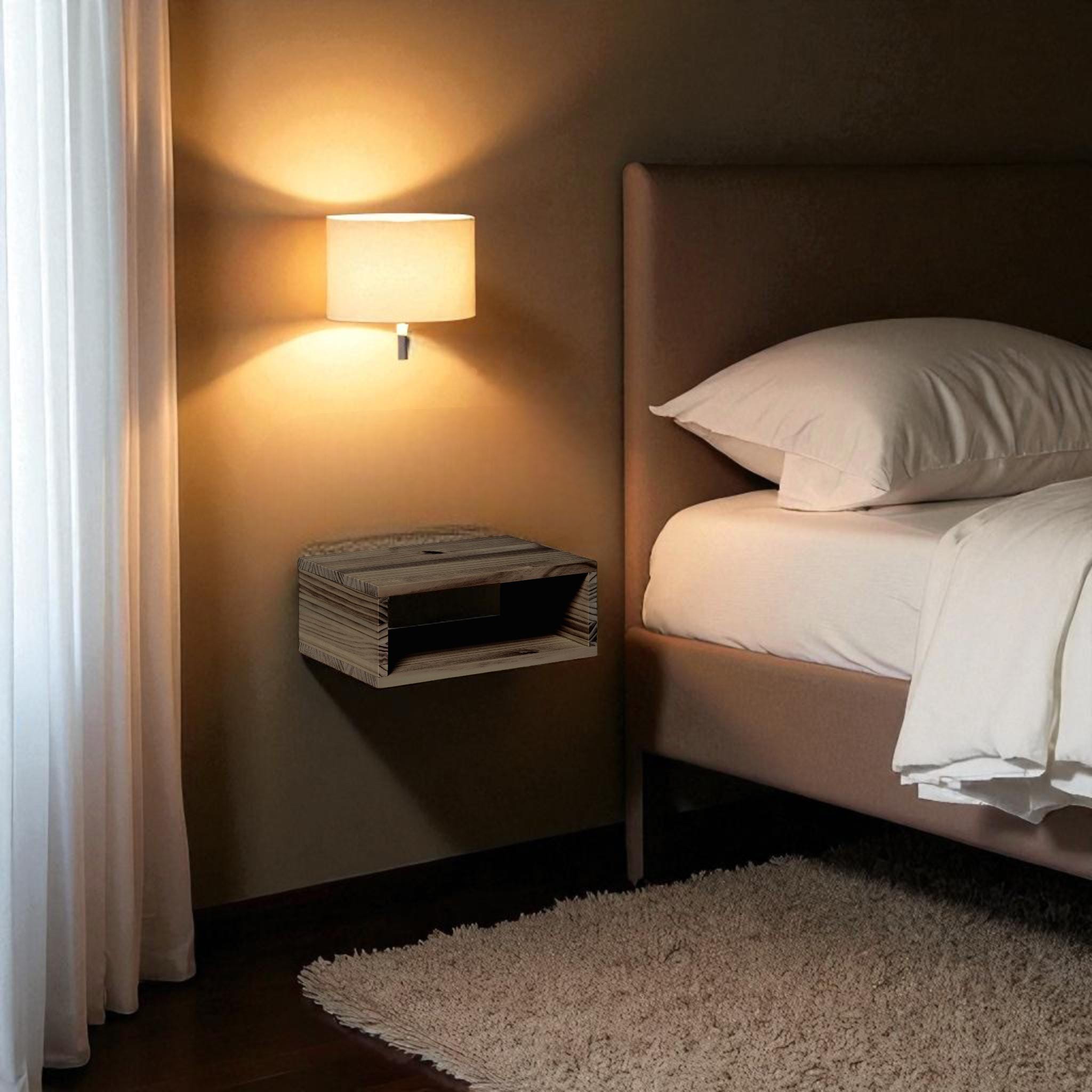 KINPU Mesita de noche flotante de madera maciza. Acabado "R A W  G R A Y".