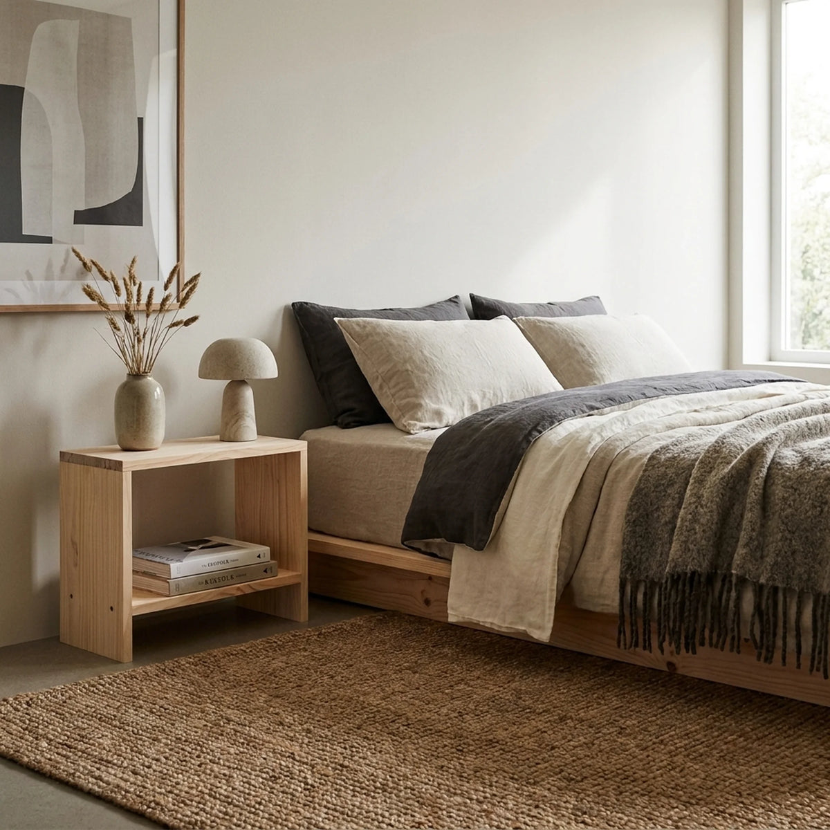 AKAISHI Solid wood bedside table. "NATURAL" finish.