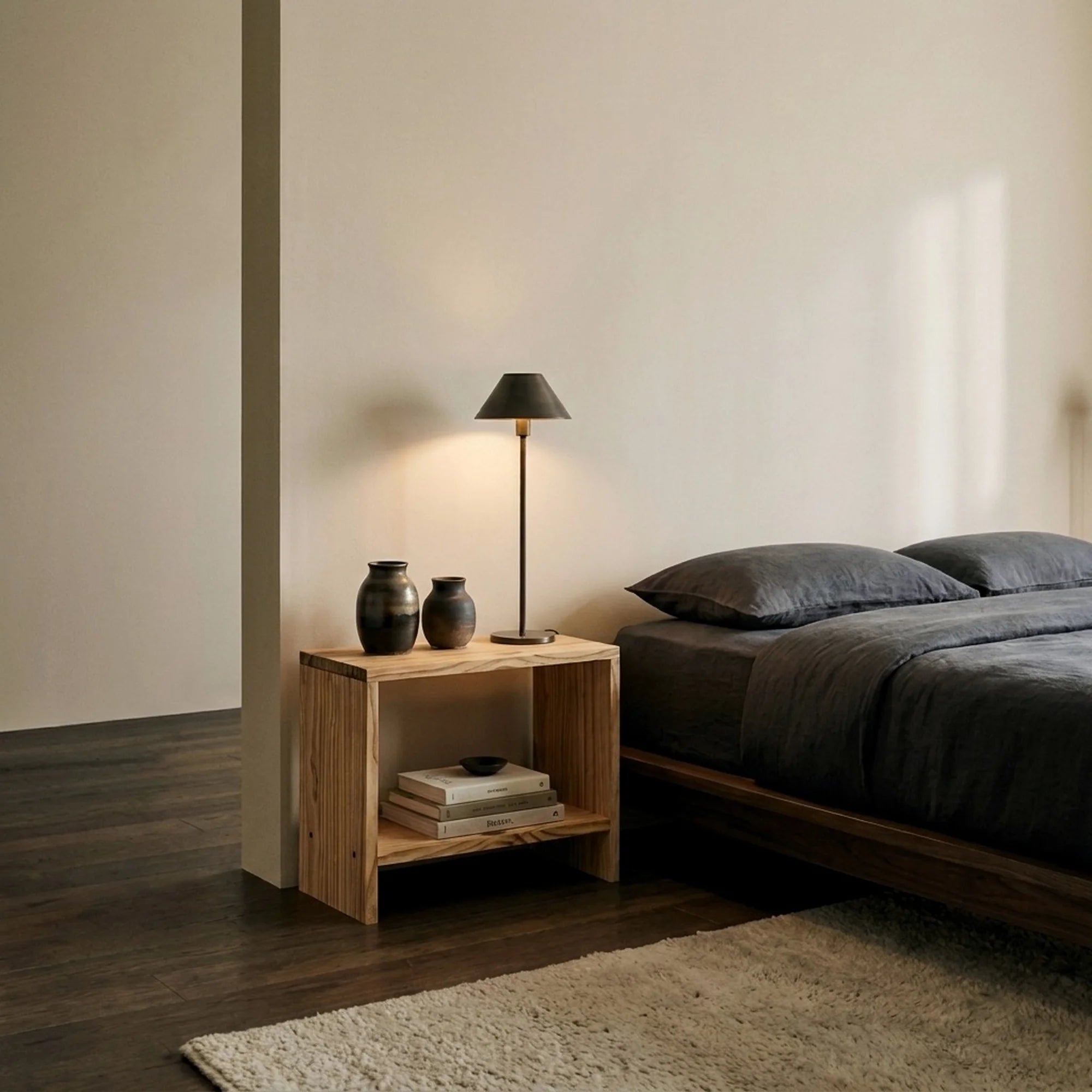 AKAISHI Table de nuit en bois massif. Acabado "CHÊNE".