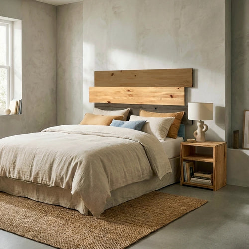 Cabecero HIGASHI Colors instalado en un dormitorio con ropa de cama clara y mesita de madera.