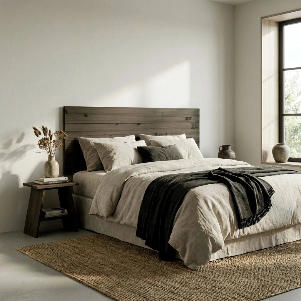 HIYORI Cabecero de cama de madera maciza. Acabado "R A W  G R A Y".