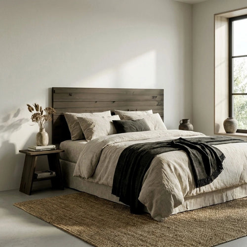 Cabecero de madera maciza Hiyori Raw Gray en dormitorio.