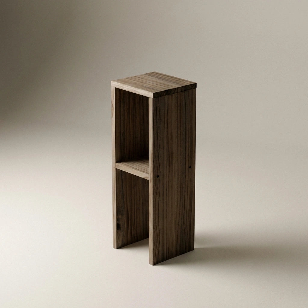 IWAKI Mesita de noche de madera maciza. Acabado "R A W  G R A Y".