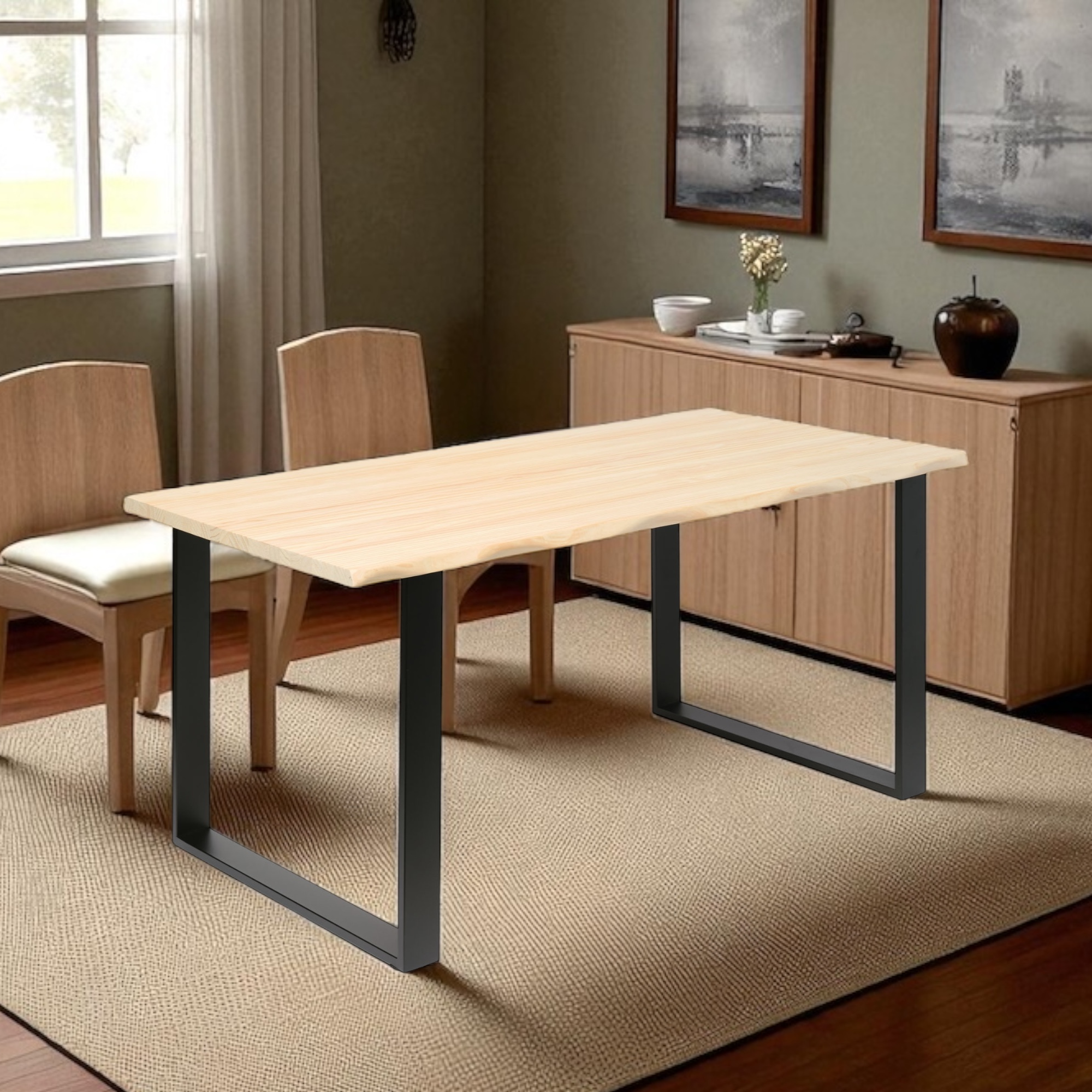 GASSAN Mesa de comedor canto vivo de madera maciza. Acabado "N A T U R A L".