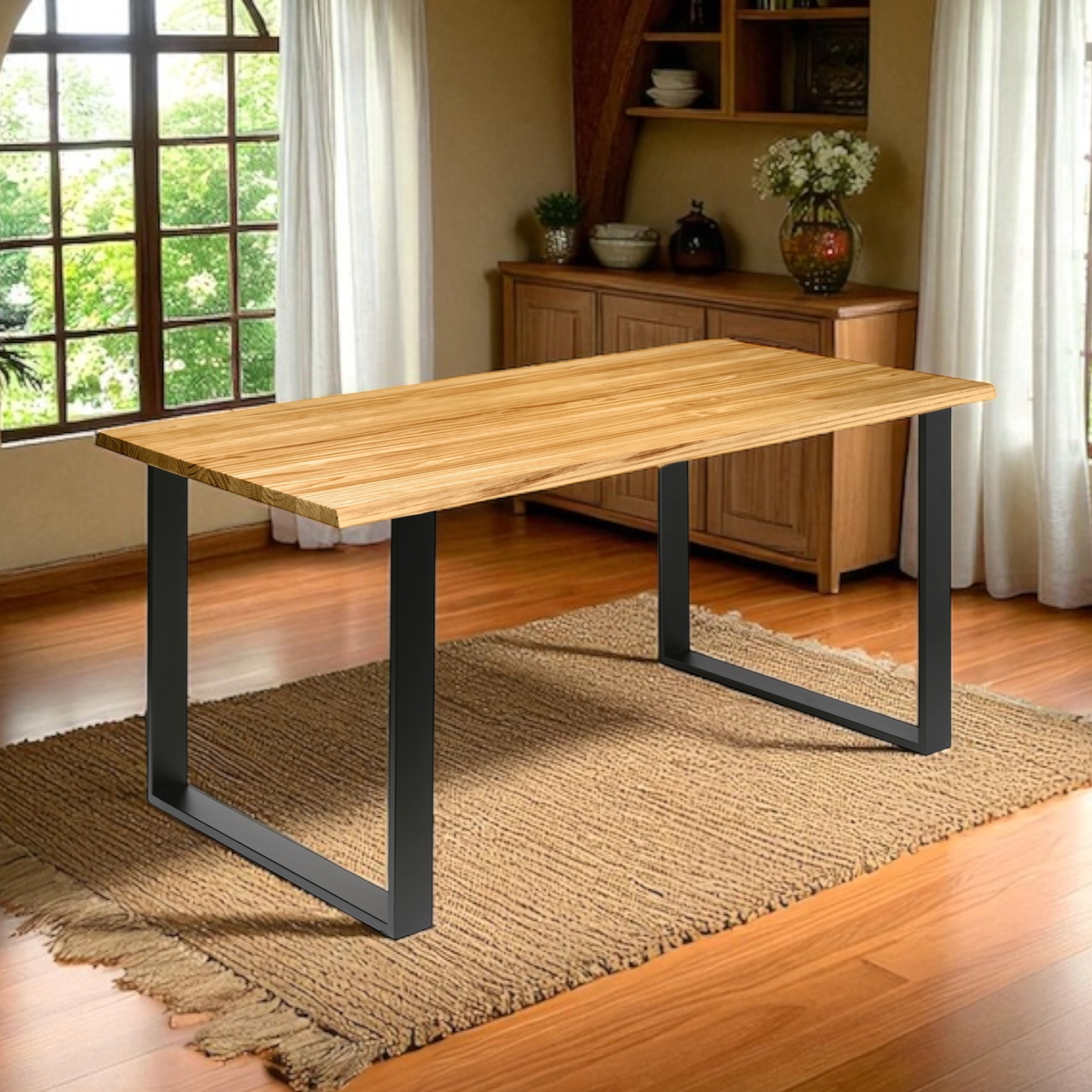 GASSAN Mesa de comedor canto vivo de madera maciza. Acabado 