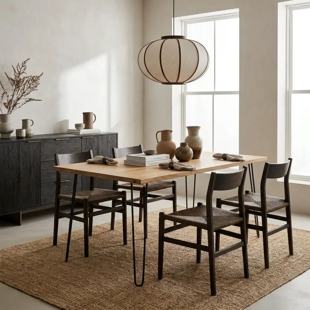 SENJO Mesa de comedor canto vivo de madera maciza. Acabado "O A K".