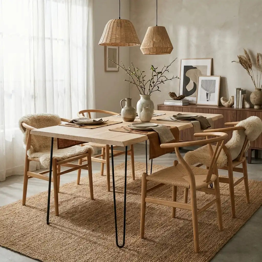 SHIOMI Mesa de comedor canto vivo de madera maciza. Acabado "N A T U R A L".
