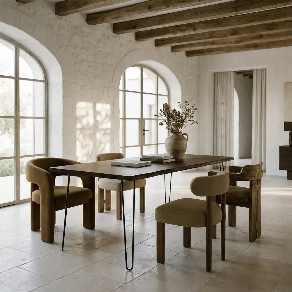 SHIOMI Mesa de comedor canto vivo de madera maciza. Acabado "R A W  G R A Y".