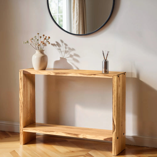 Detalle consola AGANO OAK en madera maciza de pino radiata con acabado al aceite tono roble claro