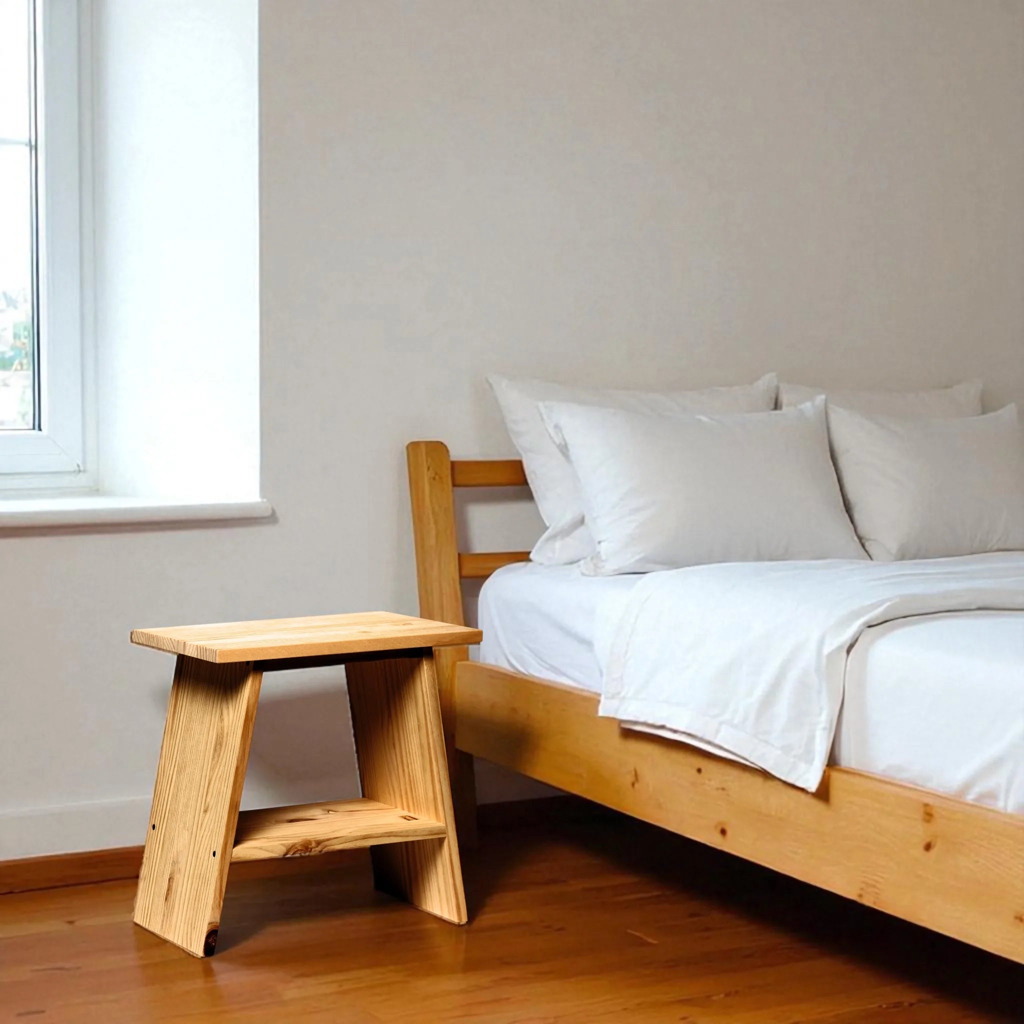 Mesita OOBAMI Oak de madera maciza junto a cama en dormitorio minimalista