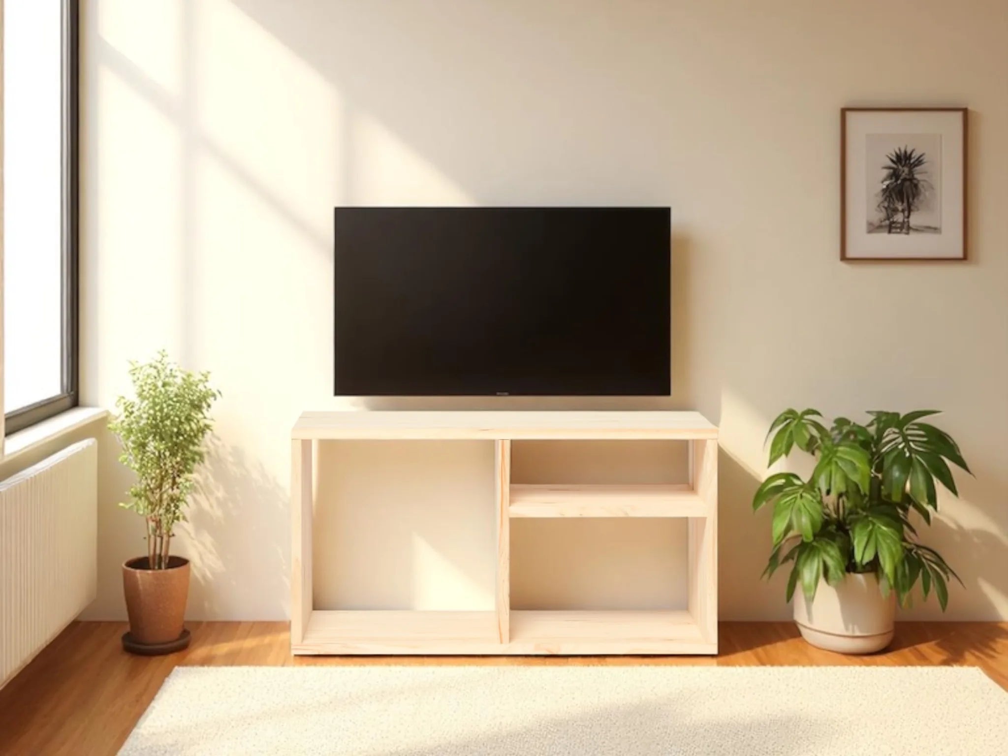 Mueble TV TESHIO Natural de madera maciza en salón minimalista con televisor y plantas