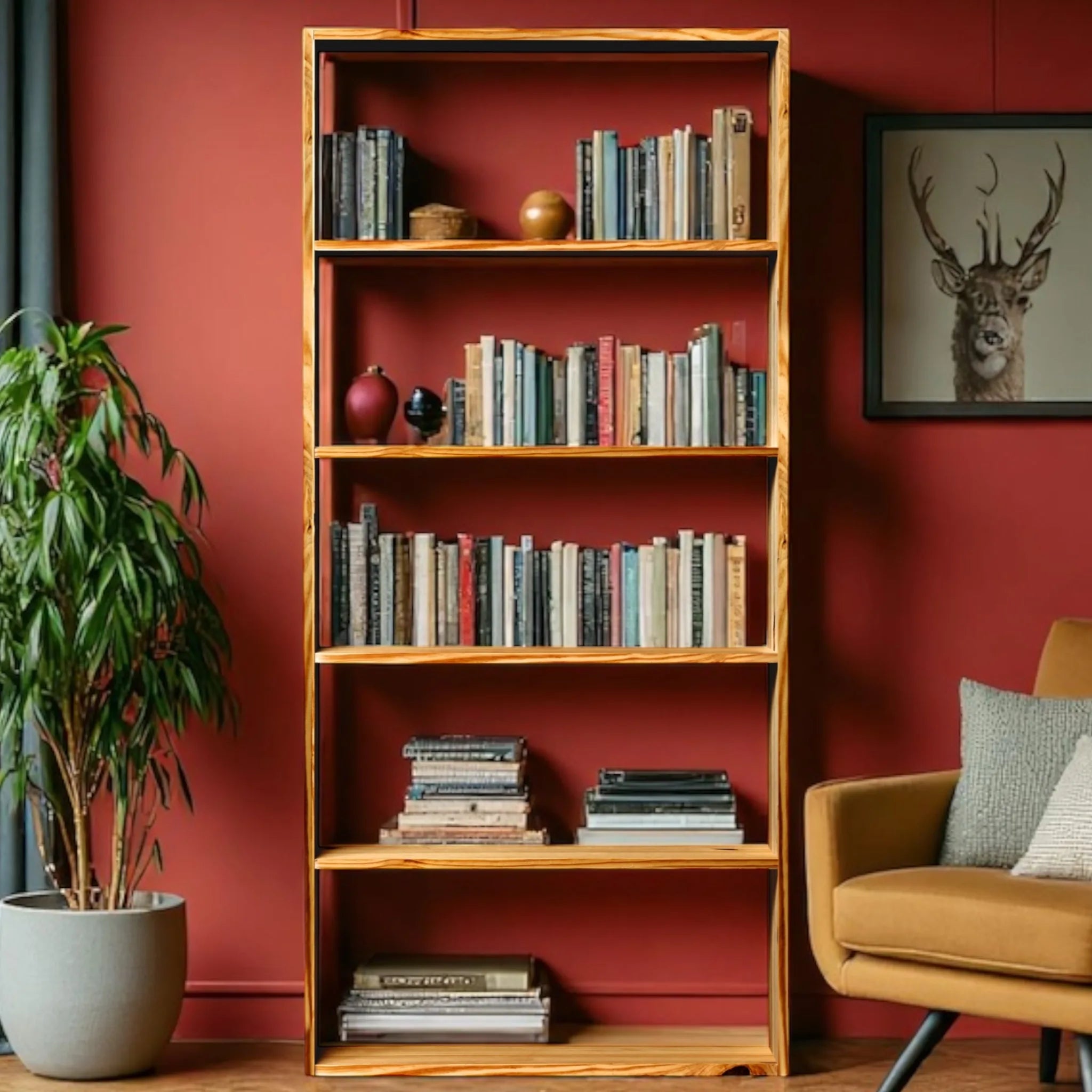 Librería TSURUGI Oak de madera maciza en salón moderno con estantes abiertos